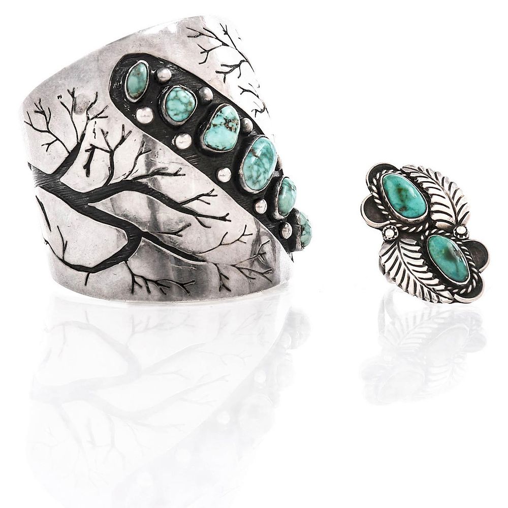 Appraisal: NATIVE AMERICAN SILVER TURQUOISE CUFF AND RING C approx weight