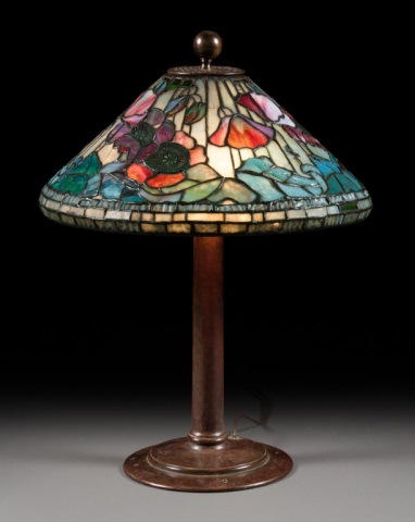 Appraisal: Tiffany bronze and leaded glass Poppy lamp first quarter- th