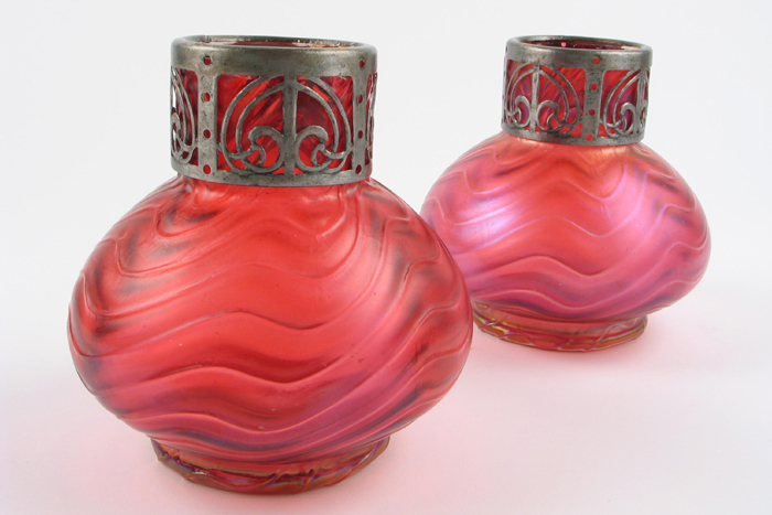 Appraisal: PAIR LOETZ ART NOVEAU ART GLASS VASES with cranberry-red wavy