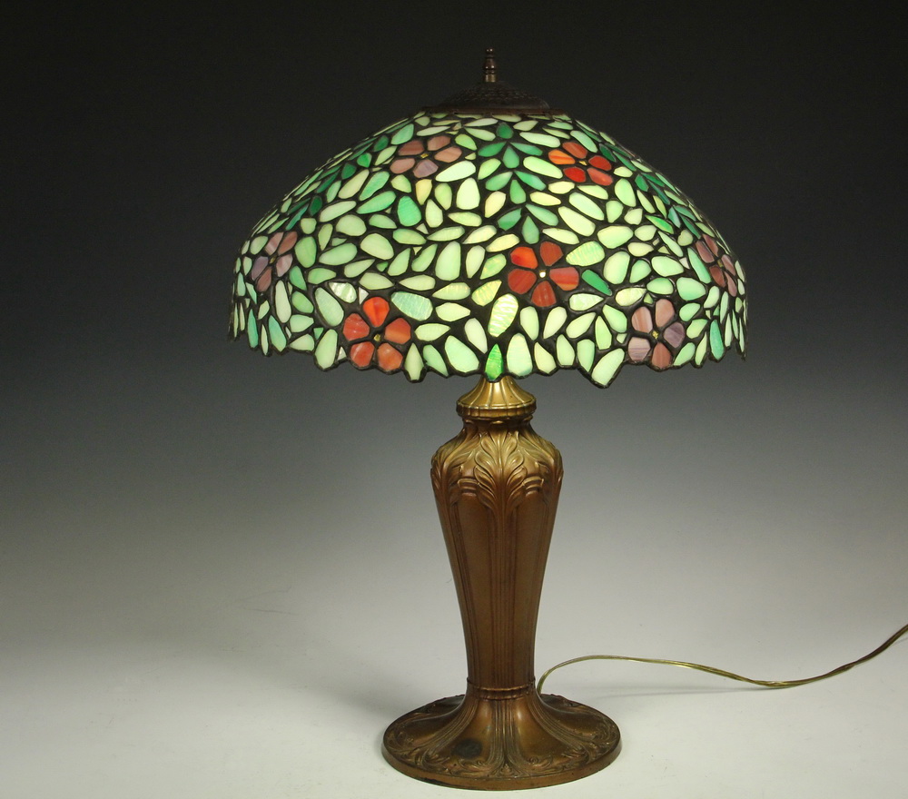 Appraisal: STAINED GLASS TABLE LAMP - Vintage Renaut Spelter Base 's