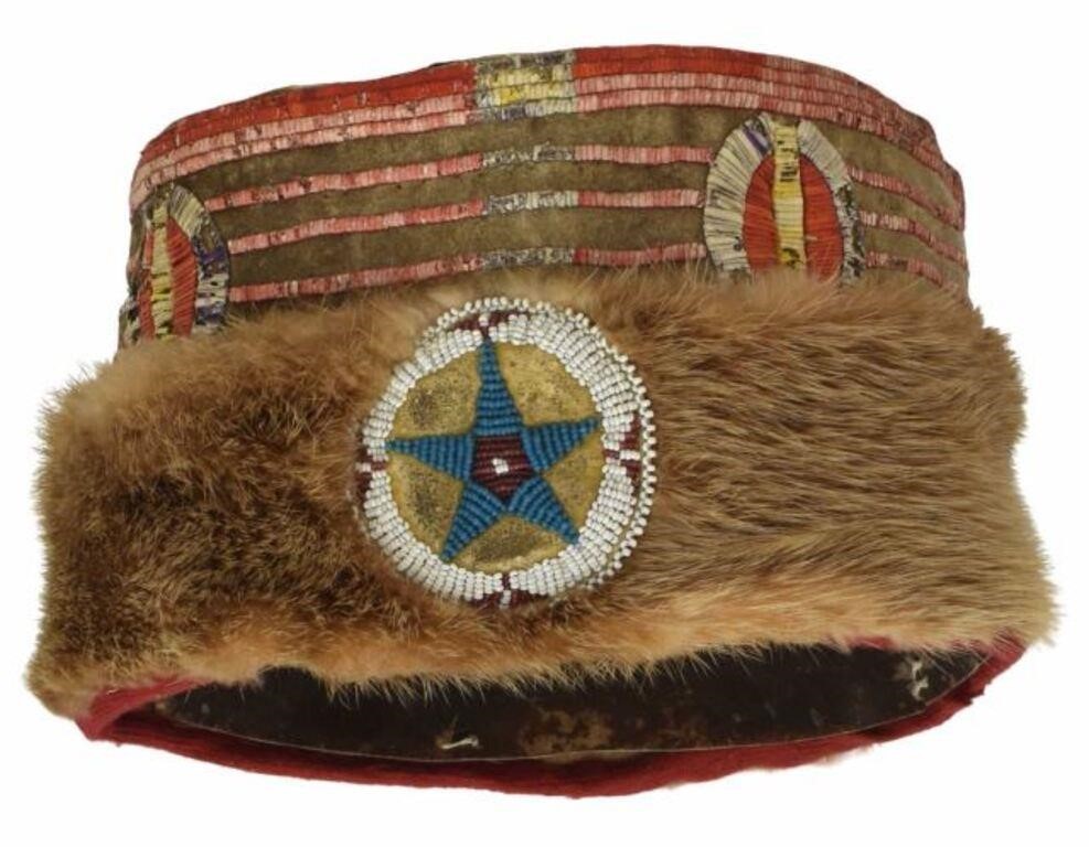 Appraisal: Native American style fur and hide hat quillwork and beaded