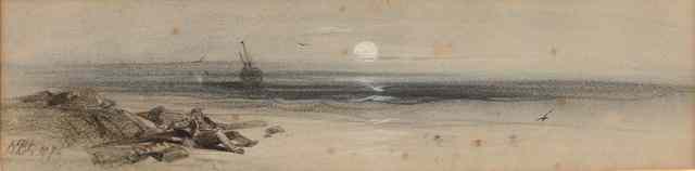 Appraisal: ATTRIBUTED TO HENRY BRIGHT - A moonlit beach scene with