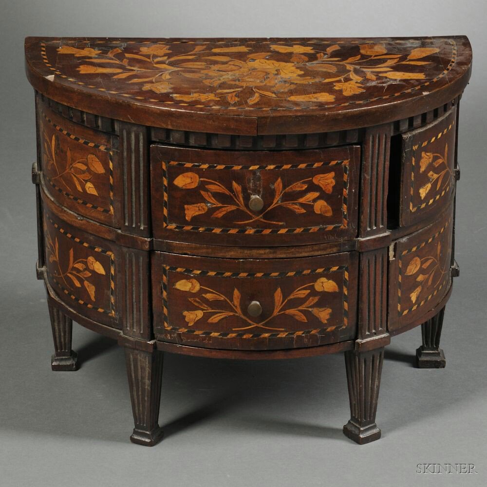 Appraisal: Dutch Miniature Marquetry-inlaid Chest th century demilune inlaid allover with