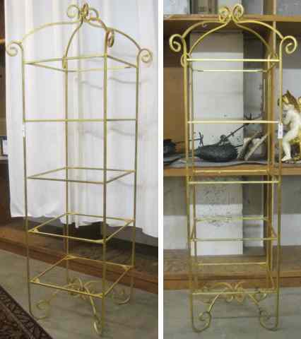 Appraisal: A PAIR OF GLASS AND GILDED WROUGHT IRON DISPLAY STANDS