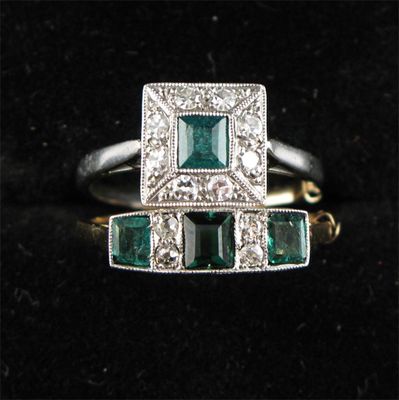 Appraisal: RING A square emerald and diamond cluster ring And a