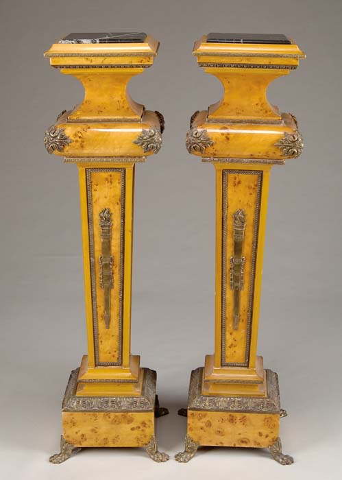 Appraisal: PAIR OF BURL AND ORMOLU MARBLE TOP PEDESTALS Square tops