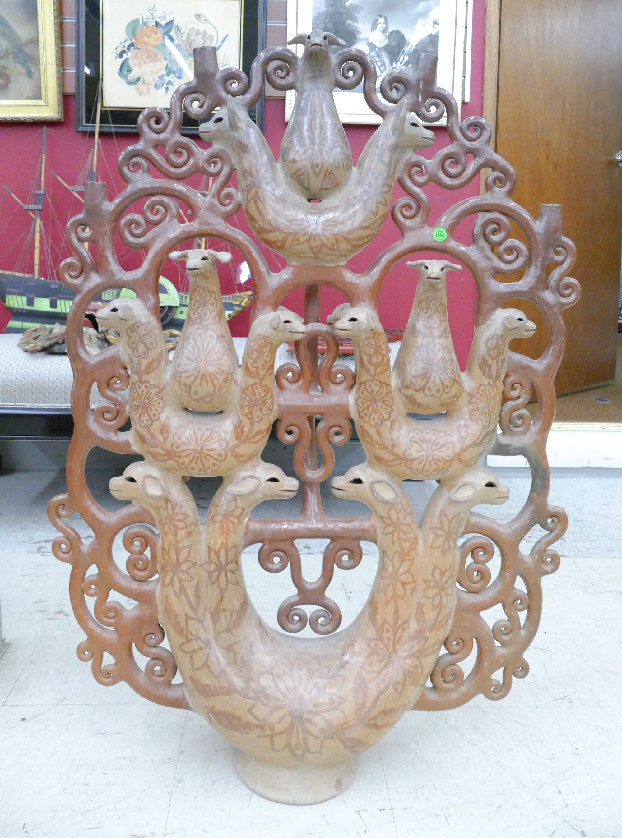 Appraisal: Impressive Mexican Folk Pottery Tree of Life Candleabra- x ''