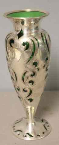 Appraisal: STERLING Heavy Overlay Green Glass Vase Apparently unmarked From a