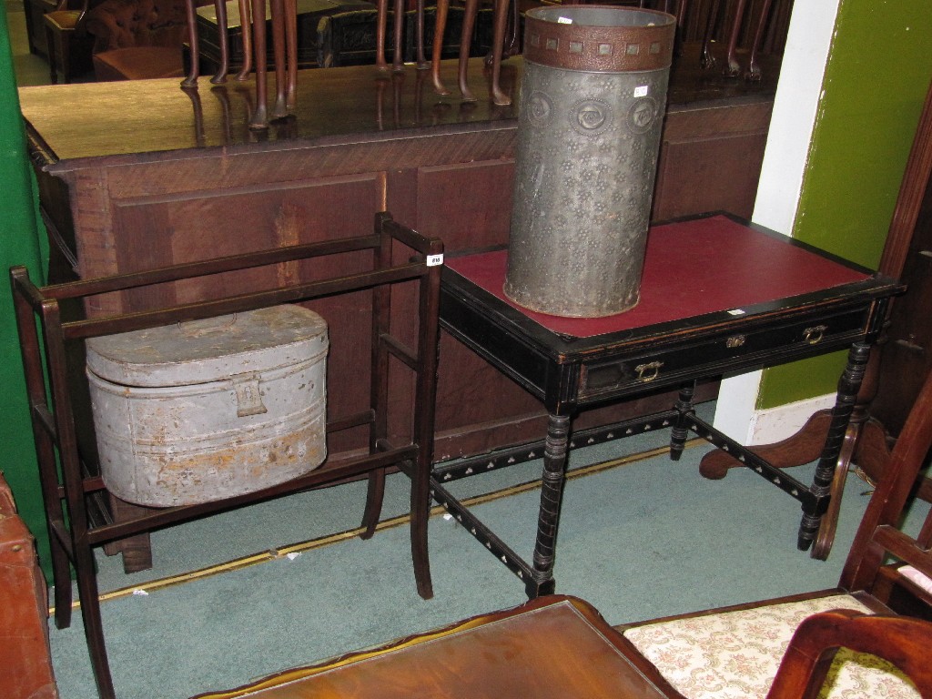 Appraisal: Lot comprising metal hatbox towel rail stickstand ebonised desk and