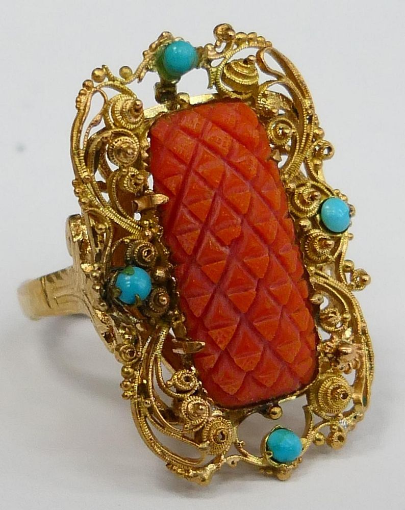 Appraisal: VINTAGE KT Y GOLD CORAL TURQUOISE LADIES RING Size with