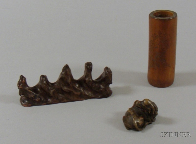 Appraisal: Three Asian Scholar Items a carved wooden cylinder a brush