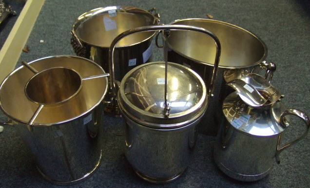 Appraisal: Four plated ice buckets and a plated thermos jug