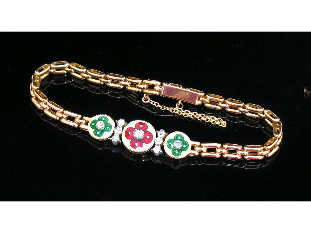 Appraisal: A GOLD ENAMEL AND DIAMOND BRACELET the unmarked rectangular open