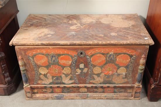 Appraisal: BLANKET CHEST Paint decorated with floral and geometric designs Applied