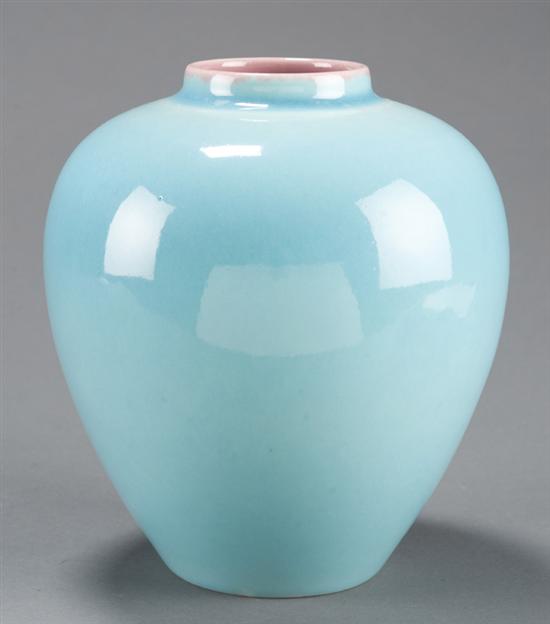 Appraisal: Rookwood high glaze blue vase Tapering bulbous form with pink