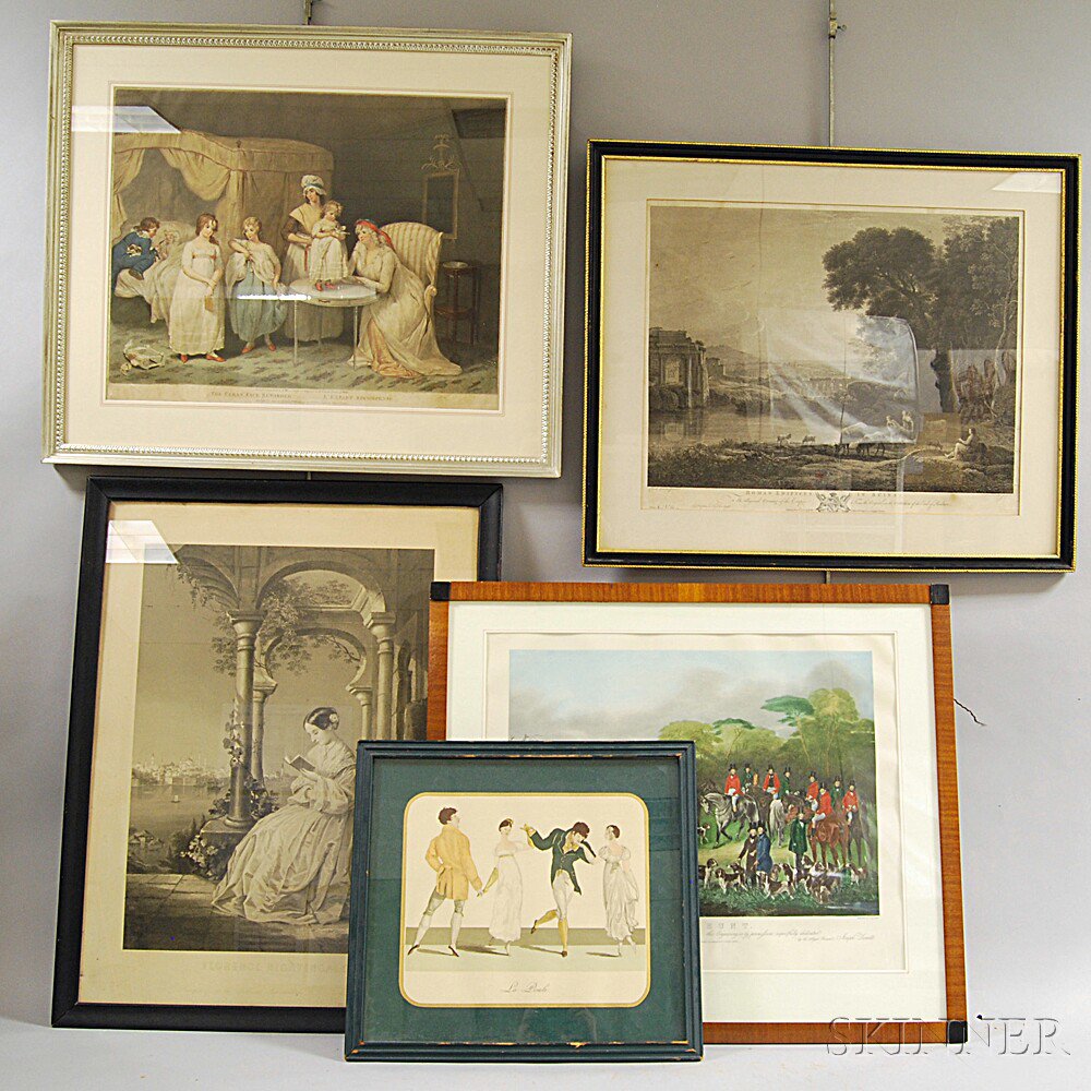 Appraisal: Five Framed Works a James Ward engraving titled The Clean