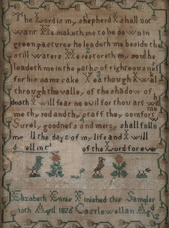 Appraisal: IRISH NEEDLEWORK SAMPLER Elizabeth Ennis Castlewellan Psalm over row of