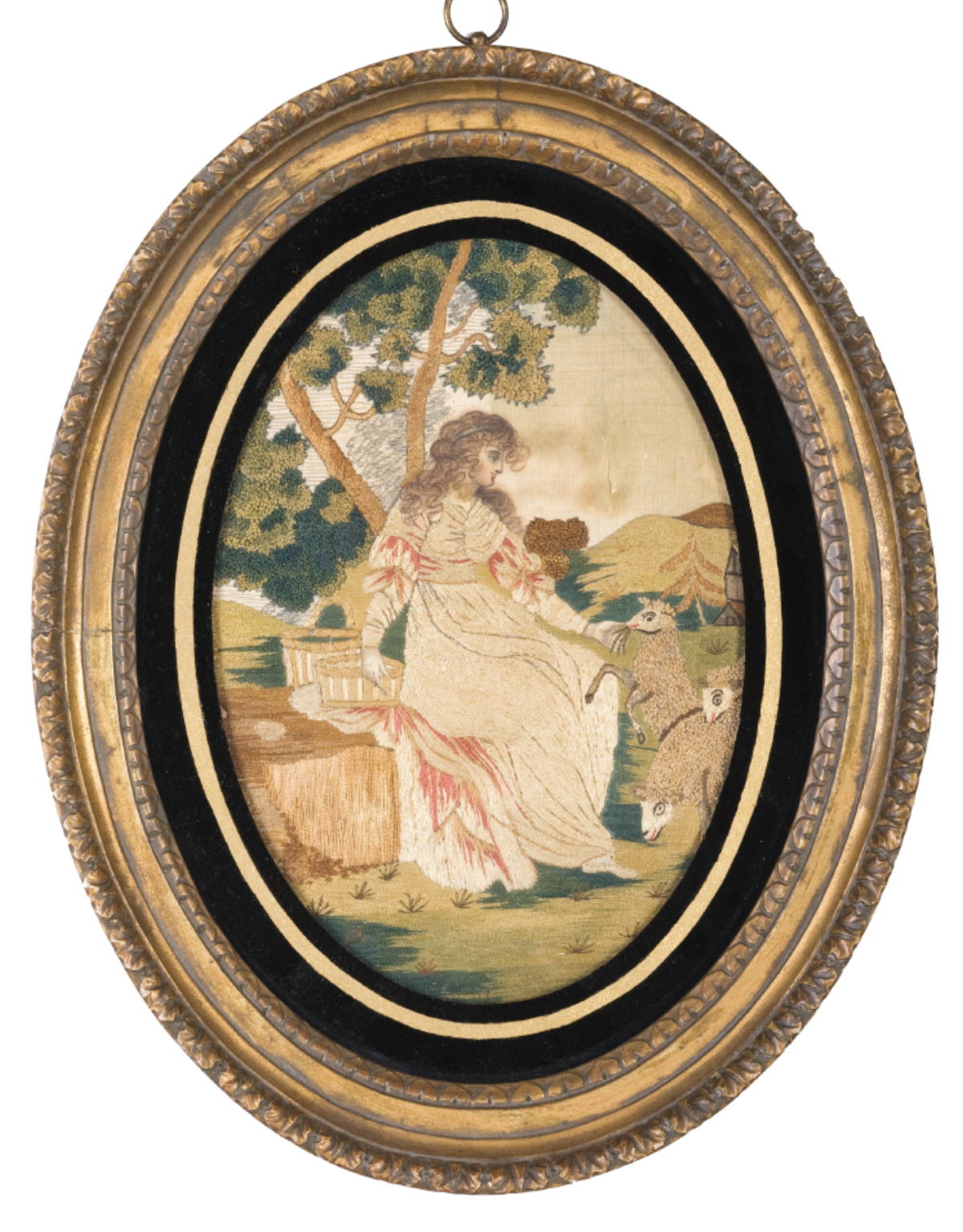 Appraisal: PAIR OF OVAL SILK WORKS OF FIGURES IN LANDSCAPES Each