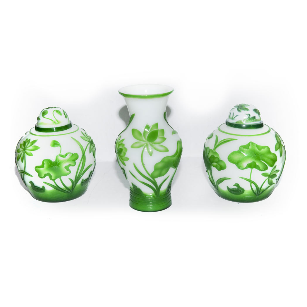 Appraisal: Chinese Peeking Style Glass Three-Piece Garniture Height of tallest inches