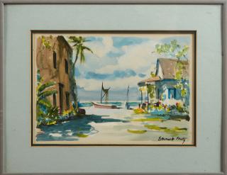 Appraisal: Emmett Fritz - Houses by the Sea th c watercolor