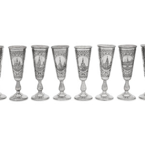 Appraisal: A Set of Eight Russian Niello Silver Cordials Maker's Mark