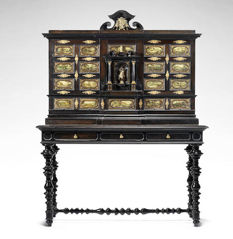 Appraisal: A large Flemish th century ormolu-mounted ebonised and painted cabinet