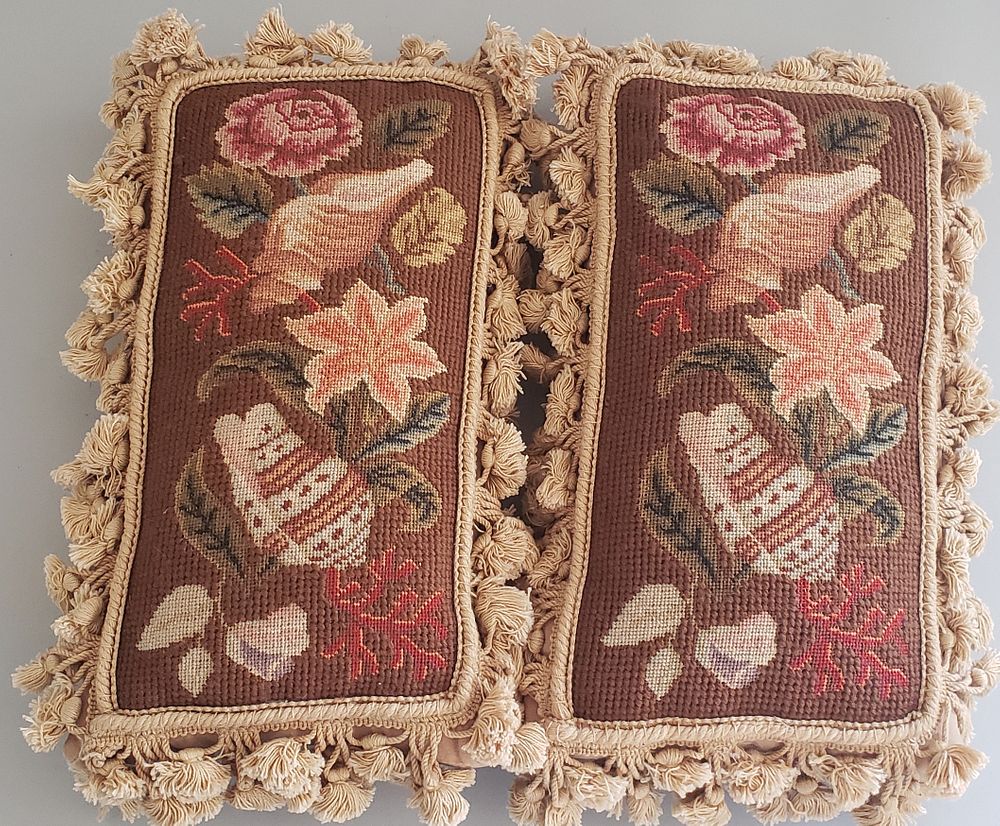 Appraisal: Two Floral and Seashell Needlepoint Pillows th Century Panels Two