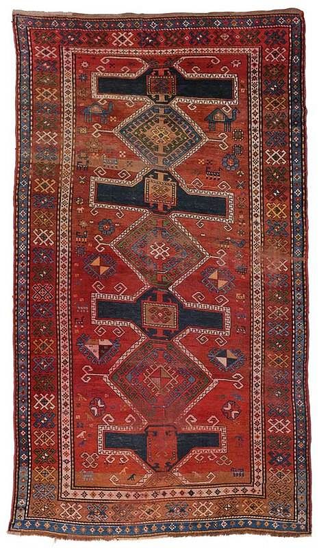 Appraisal: Kazak Rug th century three diamond medallions red field birds