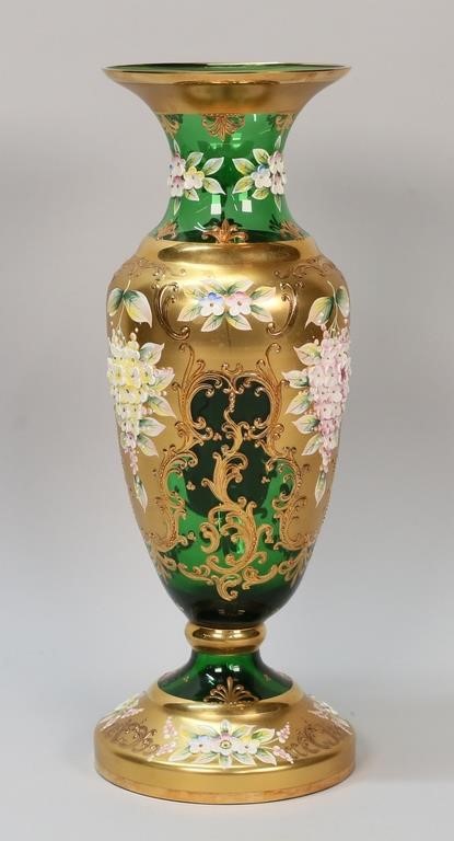 Appraisal: BOHEMIAN ENAMELED GREEN GLASS FLORAL VASEBohemian enameled and gilt emerald