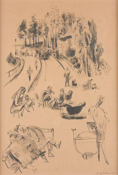 Appraisal: Adolf Dehn NY - Park Scene ink on paper pencil