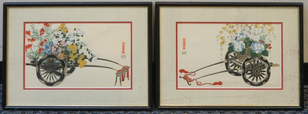 Appraisal: PAIR JAPANESE WOODBLOCK PRINTS OF FLOWER CARTS FRAME OF EACH