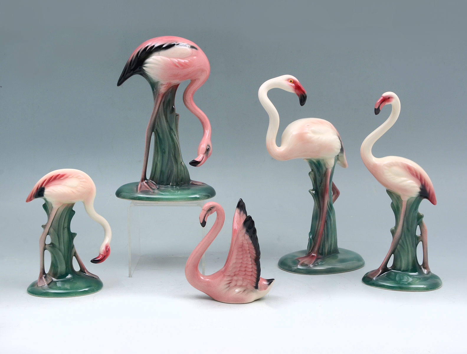 Appraisal: PC WILL GEORGE FLAMINGO COLLECTION Comprising standing Flamingos with green