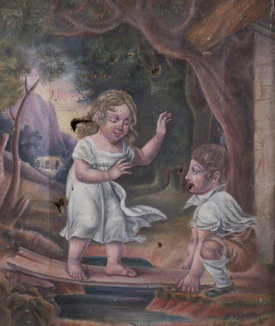 Appraisal: AMERICAN PRIMITIVE SCHOOL American th Century CHILDREN PLAYING oil on