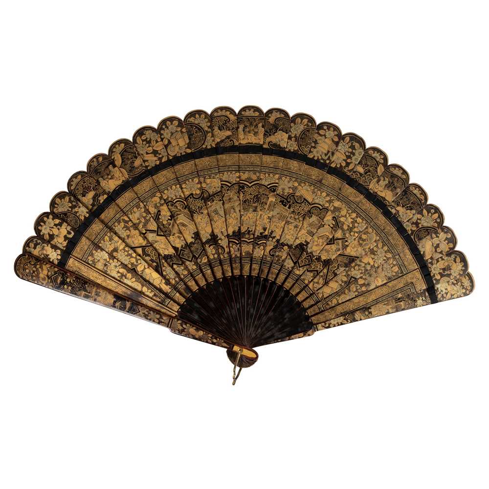 Appraisal: FINE GILT AND BLACK LACQUER BRIS FAN QING DYNASTY TH