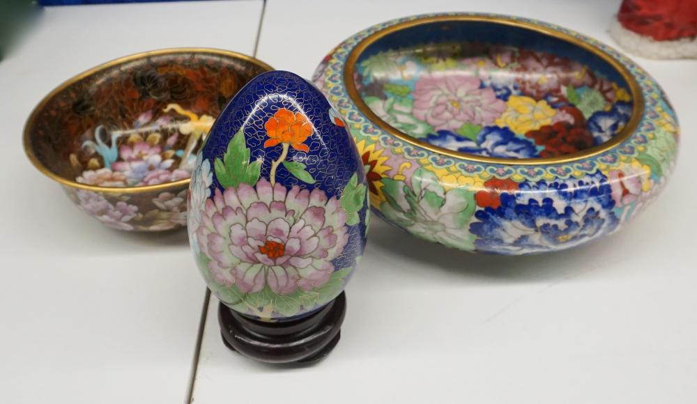 Appraisal: Chinese Cloisonne Egg on Hardwood Stand and Two Bowls