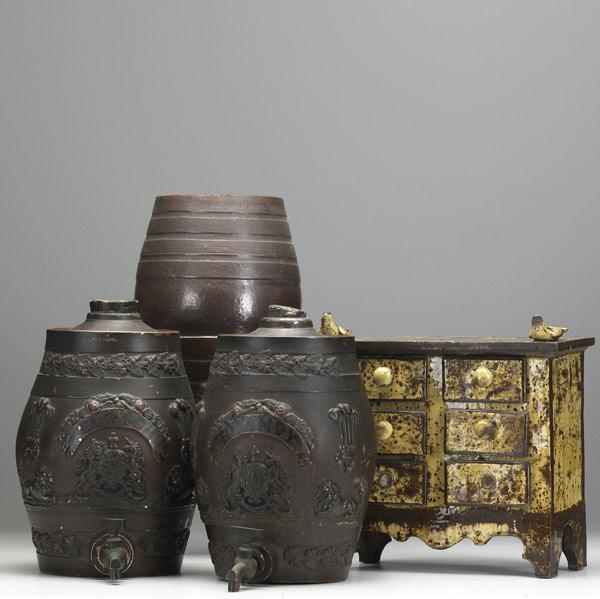 Appraisal: ENGLISH POTTERY Grouping includes six-drawer miniature redware chest topped with