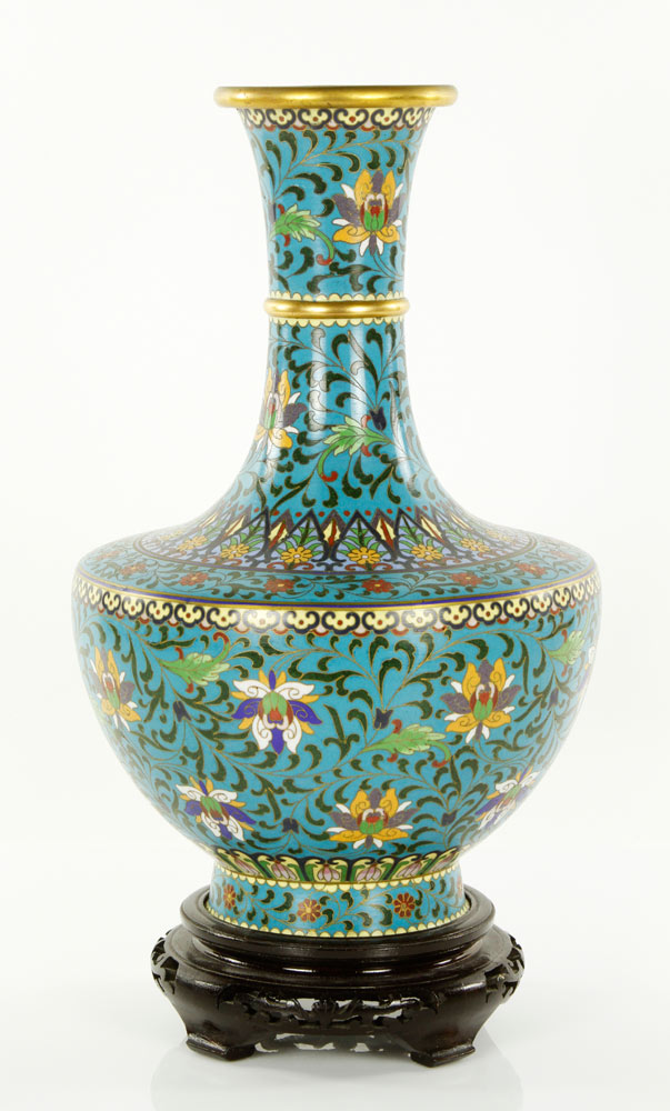 Appraisal: - Chinese Cloisonn Vase Cloisonn vase with wood stand China