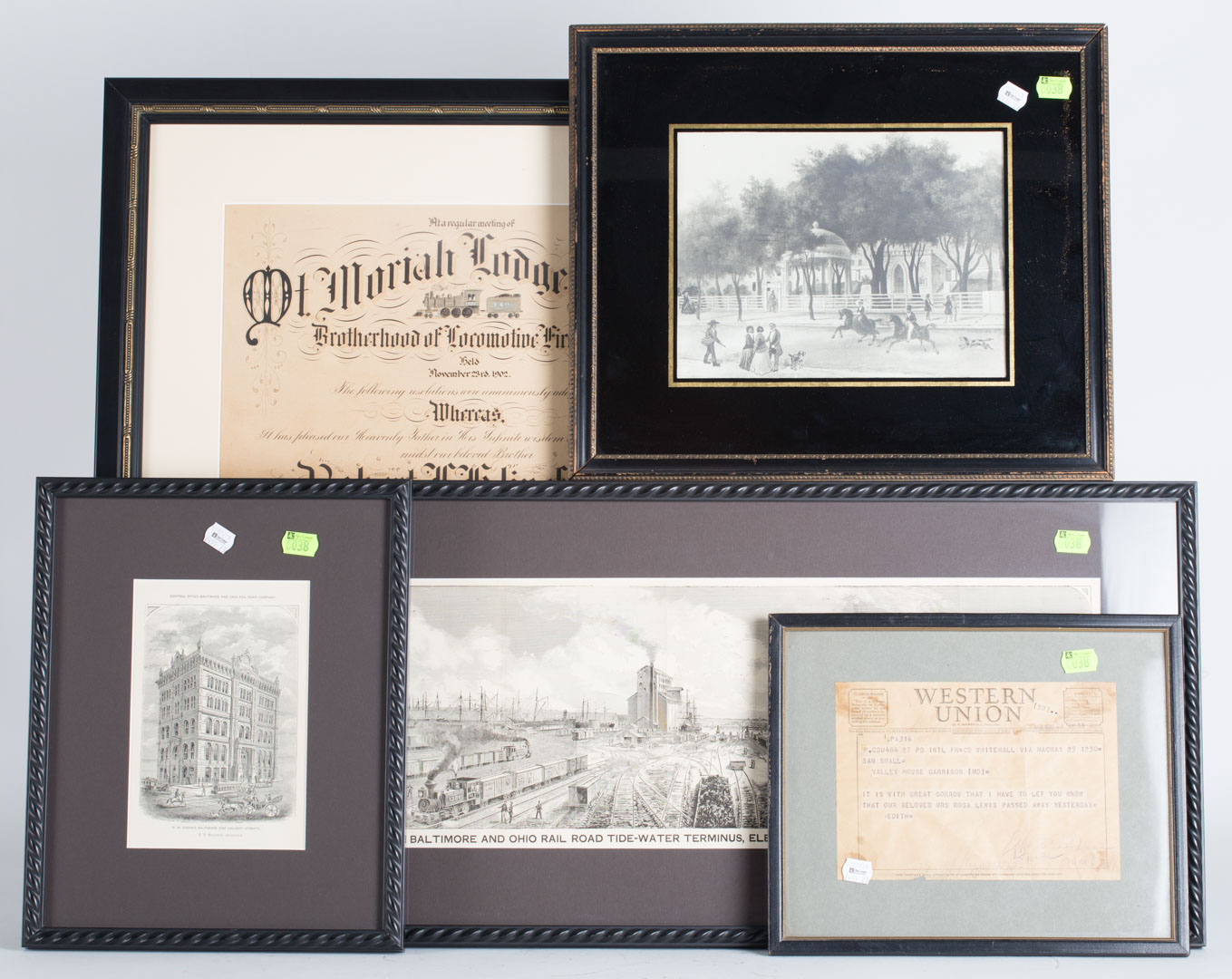 Appraisal: Five framed items including locomotive fireman's death announcement Baltimore scenes