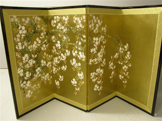 Appraisal: Japanese four panel lacquered screen decorated with a blossoming branch