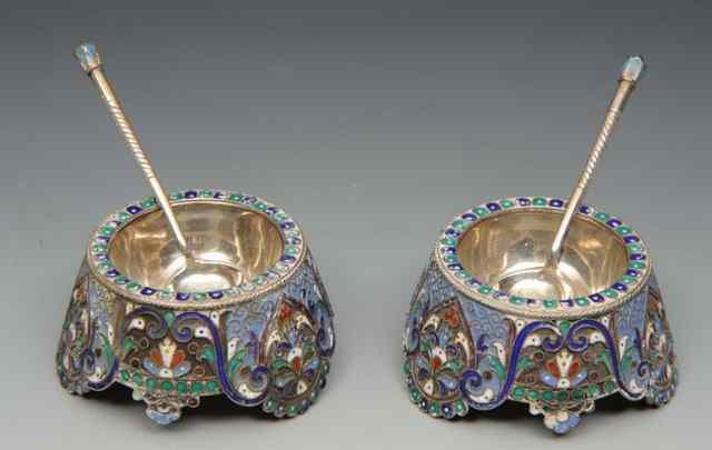 Appraisal: A PAIR OF RUSSIAN SILVER SALTS with profuse polychrome enamelled