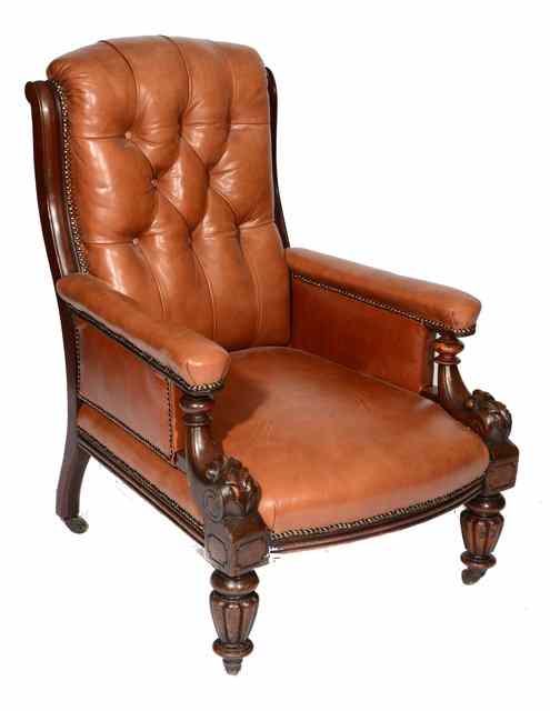 Appraisal: A WILLIAM IV MAHOGANY ARMCHAIR with scroll back upholstered in