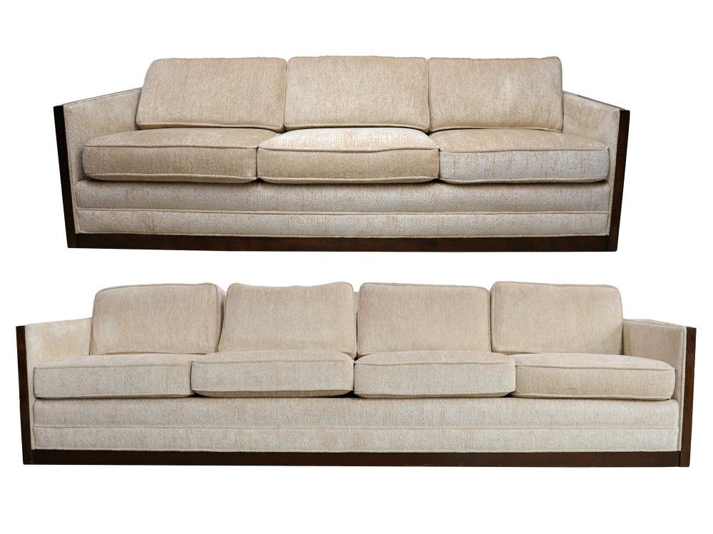 Appraisal: RAYMOND ENKEBOLL TWO CARVED WOOD SOFAScovered in light beige velour