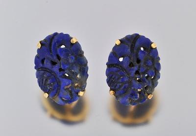 Appraisal: A Pair of Carved Lapis Earclips k yellow gold mountings