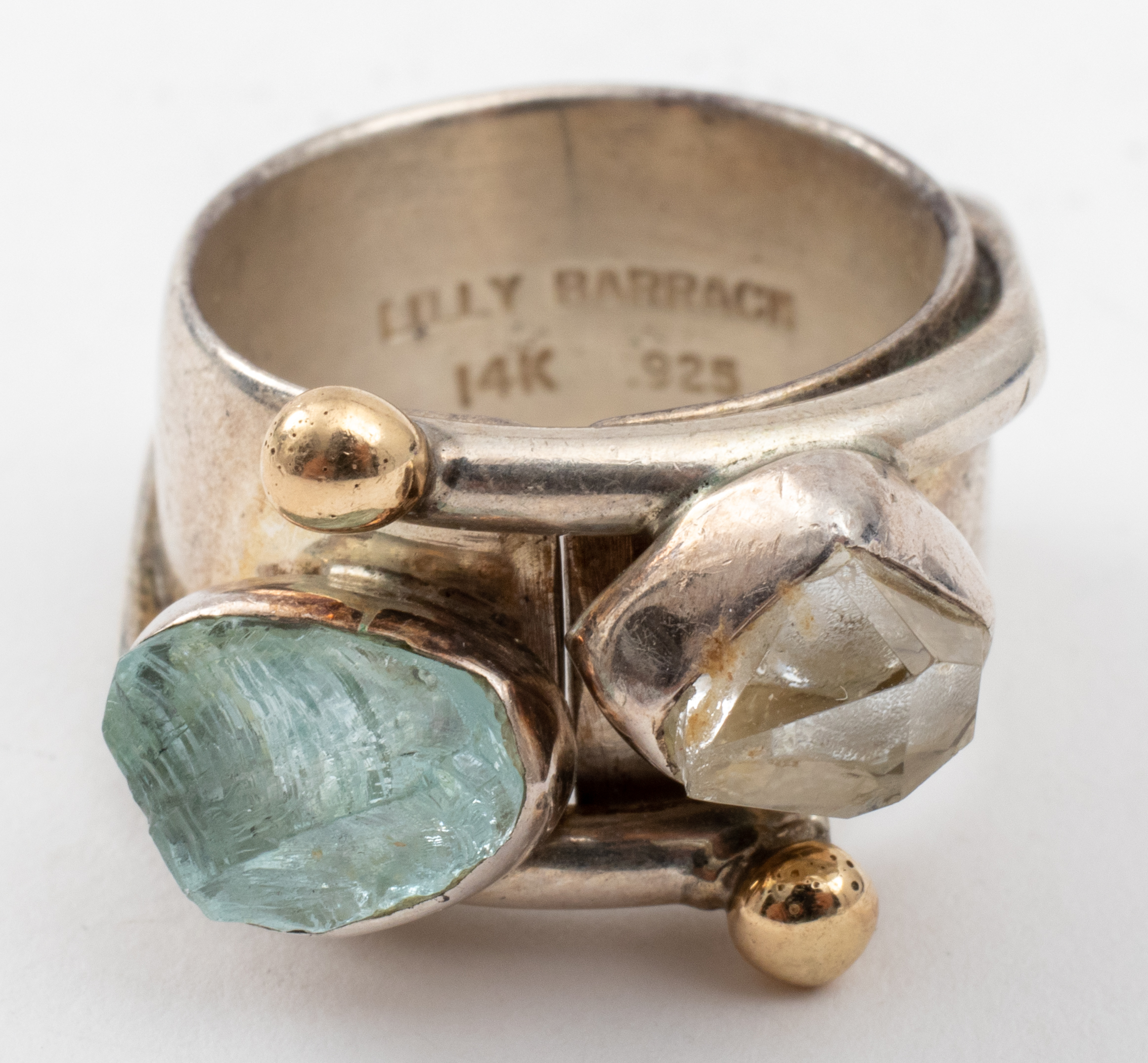 Appraisal: LILLY BARRACK SILVER GOLD AQUAMARINE QUARTZ RING Lilly Barrack handcrafted