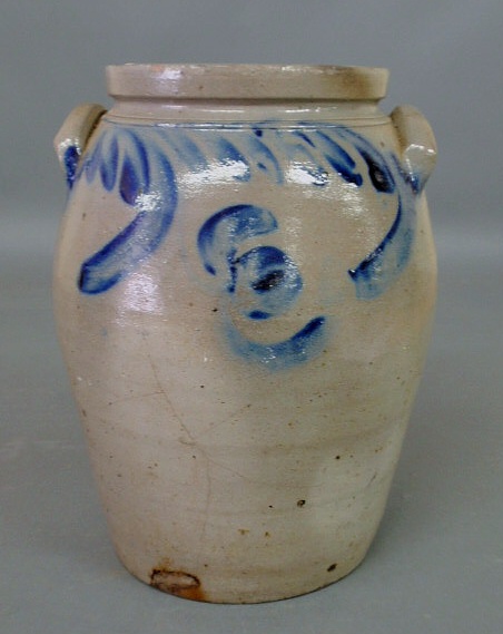 Appraisal: Gray stoneware three-gallon crock with blue decoration h x dia