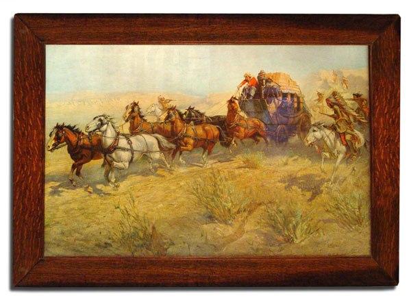 Appraisal: LARGE BUDWEISER OVERLAND STAGECOACH ADVERTISING PRINT Print titled ''Attach on