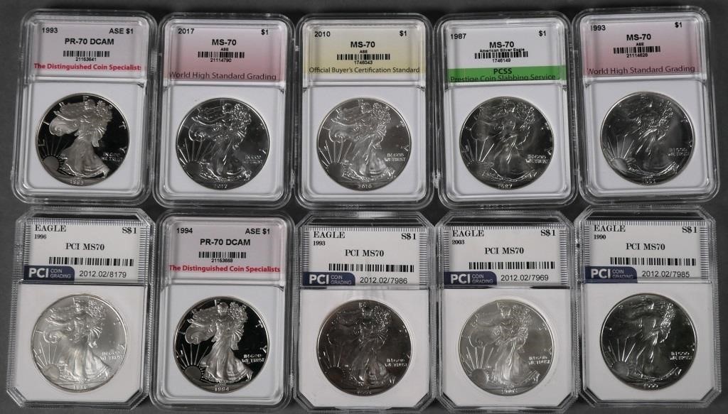 Appraisal: Lot of ten graded Silver Eagles years - eight are