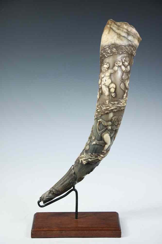 Appraisal: EARLY HUNTING HORN - th c Carved European Hunting Horn