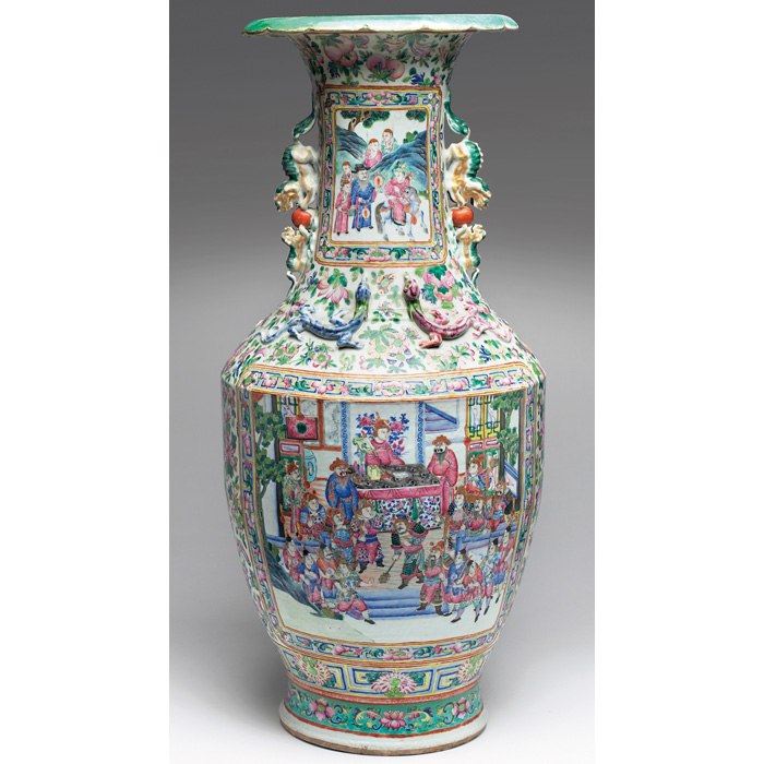 Appraisal: Asian vase monumental shape with colorful incised and painted scenes