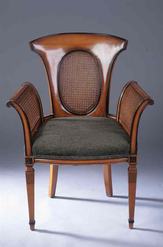 Appraisal: CONTEMPORARY BIEDERMEIER STYLE FRUITWOOD ARM CHAIR Shaped tapering back with